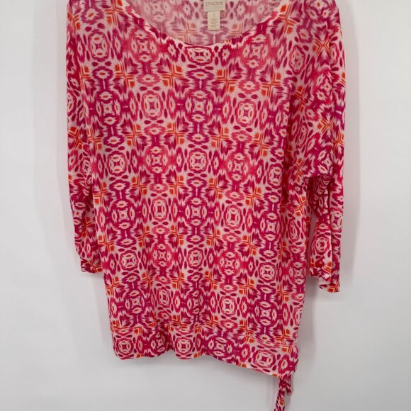 Chicos 1 Womens Pink  Orange Geometric Print sweater Tunic Top Size medium - Picture 5 of 12